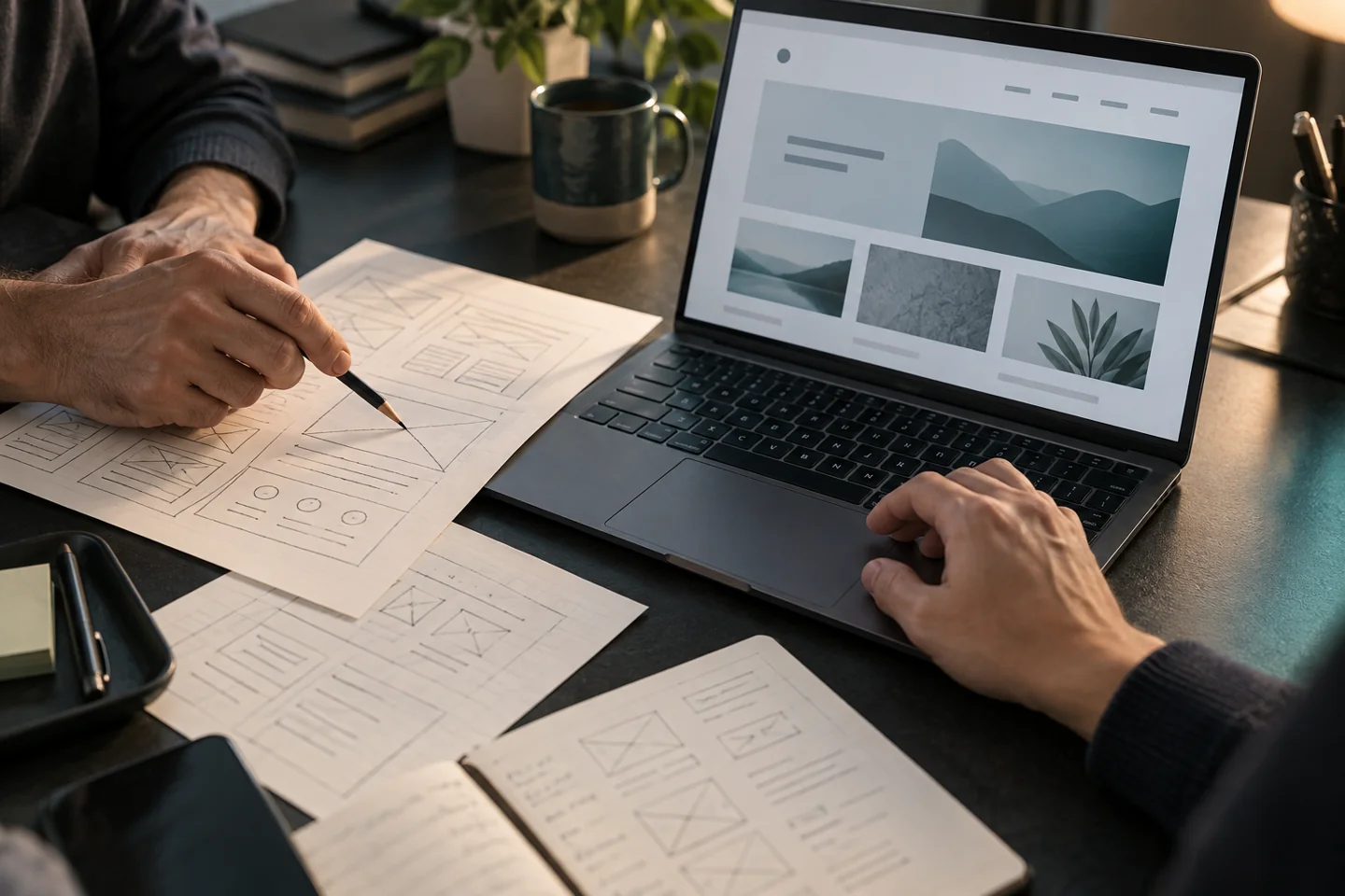 Imagen conceptual de manos trabajando con bocetos de una página web y una computadora